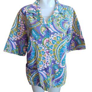 M/L Vintage 60s Paisley Psychadelic Groovy Shirt Collared Neck Granny Pockets
